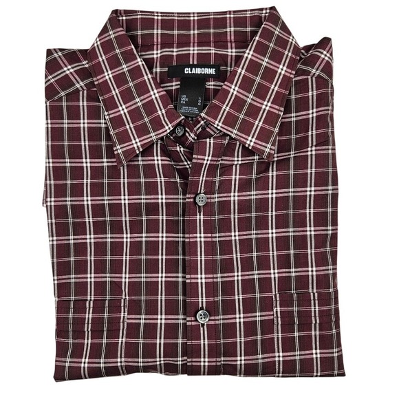 Claiborne Other - Claiborne Mens Long Sleeve Button Up Plaid Shirt Burgundy‎ White Checkered L